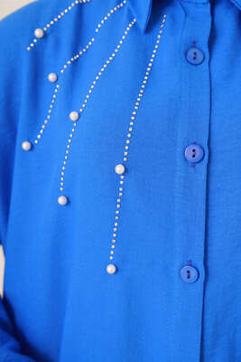 Taş Süslemeli Keten Gömlek Saks - ÇOK SATANLAR