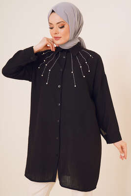 Taş Süslemeli Keten Gömlek Siyah 