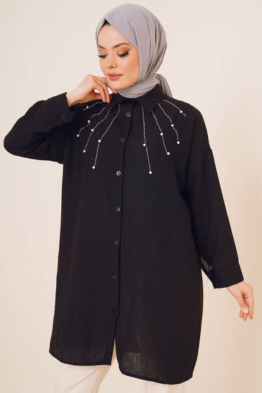 Taş Süslemeli Keten Gömlek Siyah - ÇOK SATANLAR