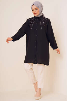 Taş Süslemeli Keten Gömlek Siyah - ÇOK SATANLAR