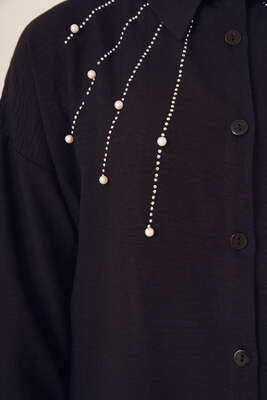 Taş Süslemeli Keten Gömlek Siyah - ÇOK SATANLAR