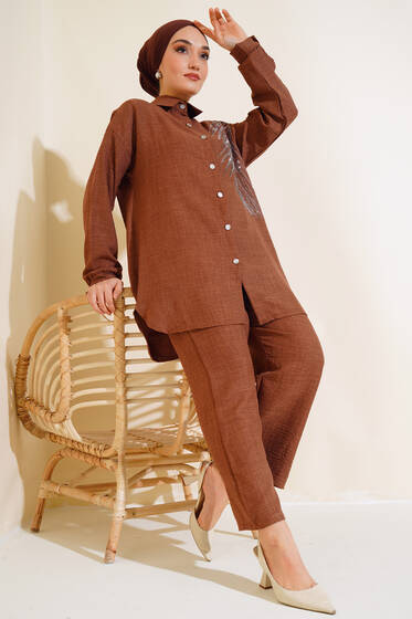 Taş Süslemeli Keten İkili Takım Kahve - İkili Takım