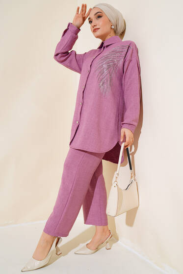 Taş Süslemeli Keten İkili Takım Magenta - İkili Takım