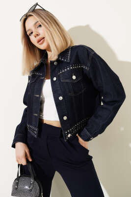 Taş Süslemeli Kısa Kot Ceket Lacivert - LEVURE