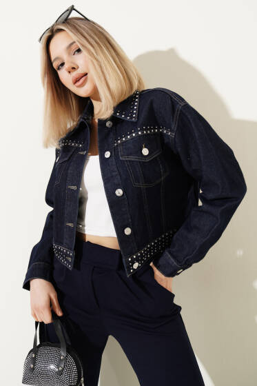 Taş Süslemeli Kısa Kot Ceket Lacivert - Kadın Giyim Modelleri