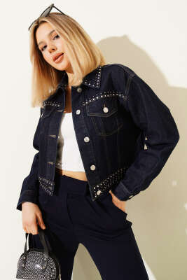 Taş Süslemeli Kısa Kot Ceket Lacivert - LEVURE