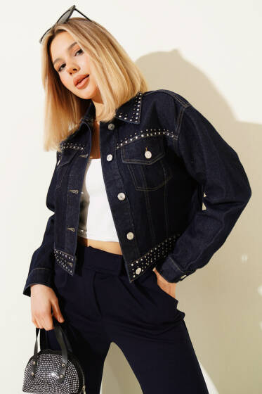 Taş Süslemeli Kısa Kot Ceket Lacivert - Kadın Giyim Modelleri
