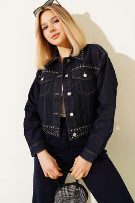 Taş Süslemeli Kısa Kot Ceket Lacivert - Kadın Giyim Modelleri