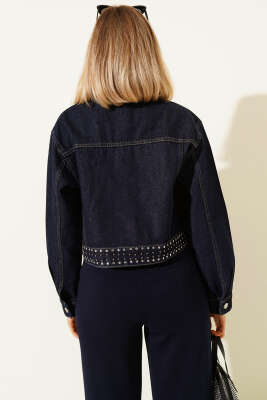 Taş Süslemeli Kısa Kot Ceket Lacivert - Kadın Giyim Modelleri