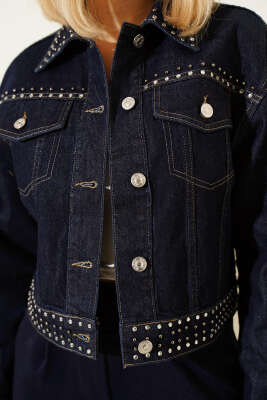 Taş Süslemeli Kısa Kot Ceket Lacivert - Kadın Giyim Modelleri