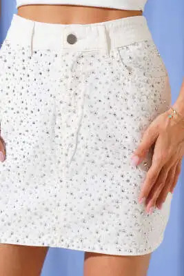 Taş Süslemeli Kot Mini Etek Ekru - Kadın Giyim Modelleri