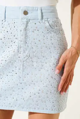 Taş Süslemeli Kot Mini Etek Mavi - Kadın Giyim Modelleri