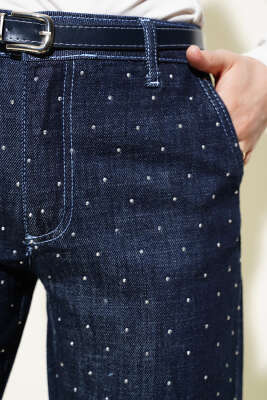 Taş Süslemeli Kot Pantolon Lacivert - Pantolon