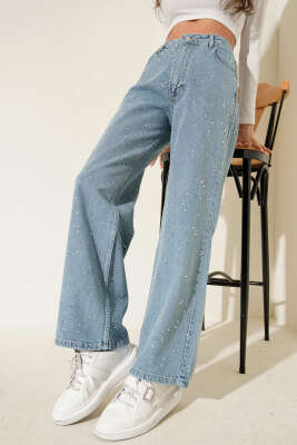 Taş Süslemeli Kot Pantolon Mavi - LEVURE