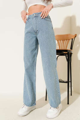 Taş Süslemeli Kot Pantolon Mavi - Kadın Giyim Modelleri