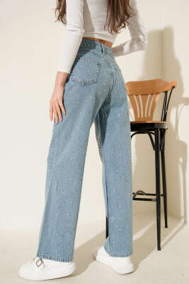 Taş Süslemeli Kot Pantolon Mavi - Kadın Giyim Modelleri