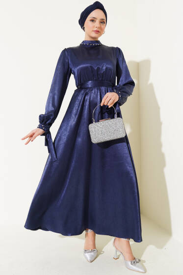 Taş Süslemeli Kuşaklı Jakar Elbise Lacivert - Elbise