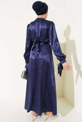 Taş Süslemeli Kuşaklı Jakar Elbise Lacivert - Tesettür Elbise