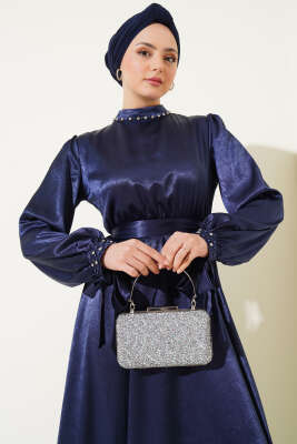 Taş Süslemeli Kuşaklı Jakar Elbise Lacivert - Tesettür Elbise