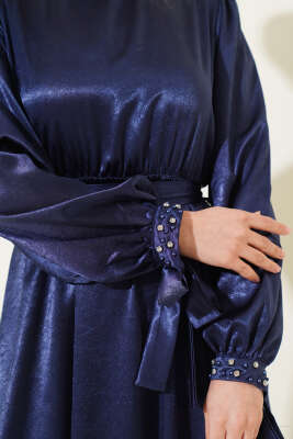 Taş Süslemeli Kuşaklı Jakar Elbise Lacivert - Tesettür Elbise