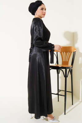 Taş Süslemeli Kuşaklı Jakar Elbise Siyah - Tesettür Elbise