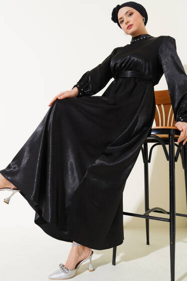 Taş Süslemeli Kuşaklı Jakar Elbise Siyah - Tesettür Elbise