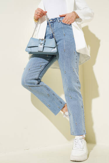 Taş Süslemeli Lazer Kesim Kot Pantolon Kot Mavisi - Pantolon