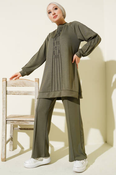 Taş Süslemeli Loyşa İkili Takım Haki - İkili Takım