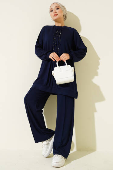 Taş Süslemeli Loyşa İkili Takım Lacivert - İkili Takım