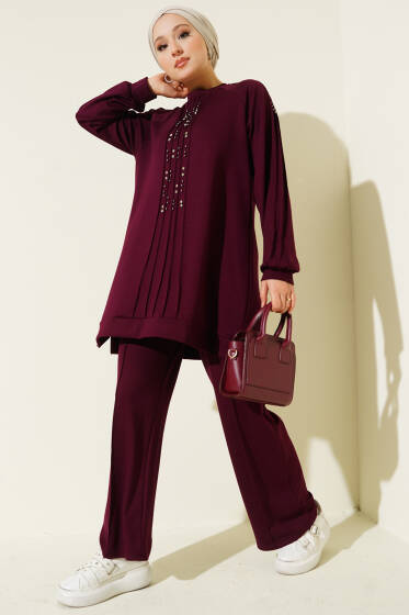 Taş Süslemeli Loyşa İkili Takım Mürdüm - İkili Takım