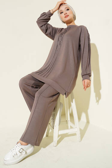 Taş Süslemeli Loyşa İkili Takım Vizon - İkili Takım