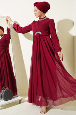 Taş Süslemeli Manşet Düğmeli Abiye Elbise Bordo 