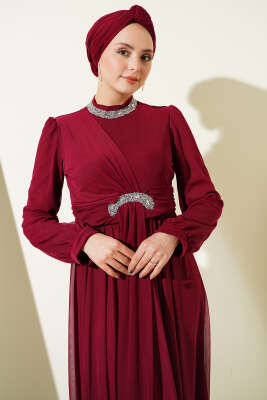 Taş Süslemeli Manşet Düğmeli Abiye Elbise Bordo - Elbise