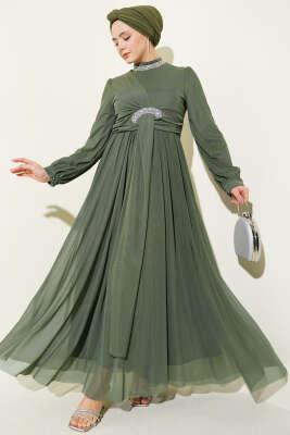 Taş Süslemeli Manşet Düğmeli Abiye Elbise Haki - CNR TEKSTİL