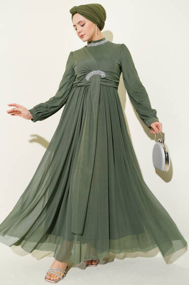 Taş Süslemeli Manşet Düğmeli Abiye Elbise Haki - Elbise