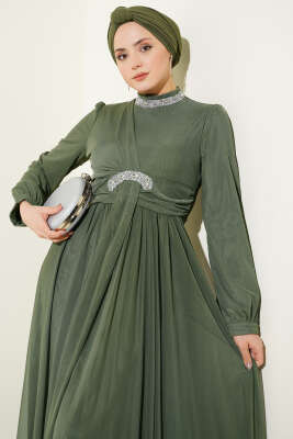 Taş Süslemeli Manşet Düğmeli Abiye Elbise Haki - Elbise