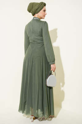 Taş Süslemeli Manşet Düğmeli Abiye Elbise Haki - Elbise