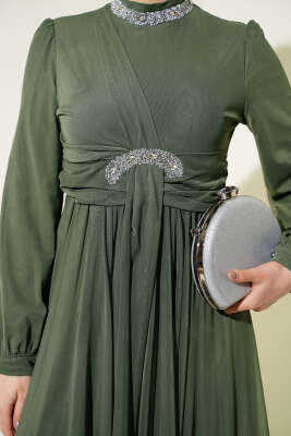 Taş Süslemeli Manşet Düğmeli Abiye Elbise Haki - Elbise