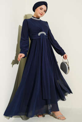 Taş Süslemeli Manşet Düğmeli Abiye Elbise Lacivert 