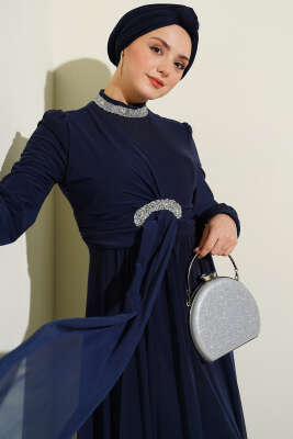 Taş Süslemeli Manşet Düğmeli Abiye Elbise Lacivert - Elbise
