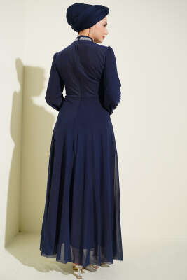 Taş Süslemeli Manşet Düğmeli Abiye Elbise Lacivert - Elbise