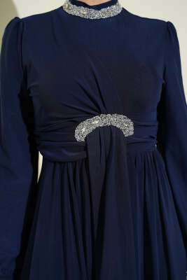 Taş Süslemeli Manşet Düğmeli Abiye Elbise Lacivert - Elbise