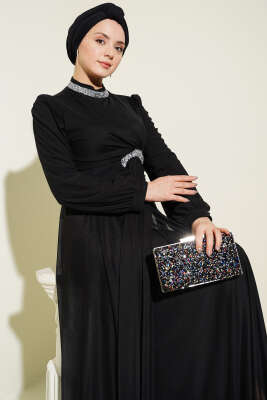 Taş Süslemeli Manşet Düğmeli Abiye Elbise Siyah - Elbise