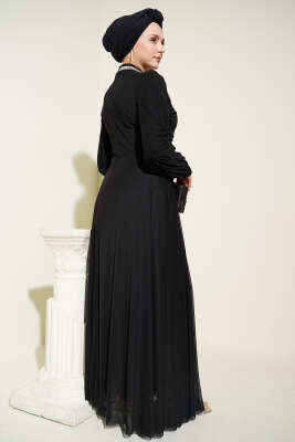 Taş Süslemeli Manşet Düğmeli Abiye Elbise Siyah - Elbise