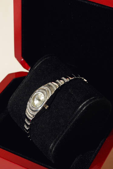 Taş Süslemeli Oval Çerçeveli Kadın Kol Saati Gümüş - Saat