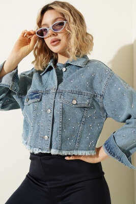 Taş Süslemeli Püsküllü Kot Crop Ceket Kot - Kadın Giyim Modelleri