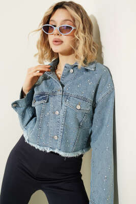 Taş Süslemeli Püsküllü Kot Crop Ceket Kot - Kadın Giyim Modelleri