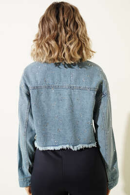 Taş Süslemeli Püsküllü Kot Crop Ceket Kot - Kadın Giyim Modelleri