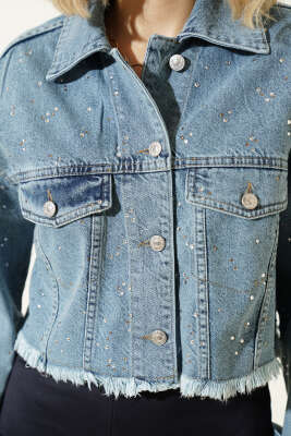 Taş Süslemeli Püsküllü Kot Crop Ceket Kot - Kadın Giyim Modelleri