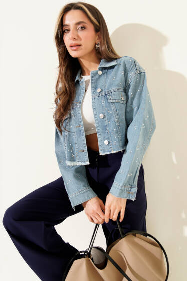 Taş Süslemeli Püsküllü Kot Crop Ceket Mavi - Kadın Giyim Modelleri